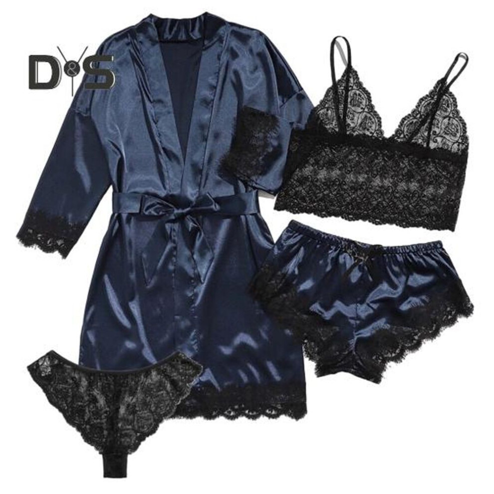 (dark blue, 3XL) 4Pcs/Set Women Nightgown Suit Sexy Lace Strap Bra G String Thong Short Pants Glossy Faux Satin Belted Loose Nightdress Sleepwear Kit
