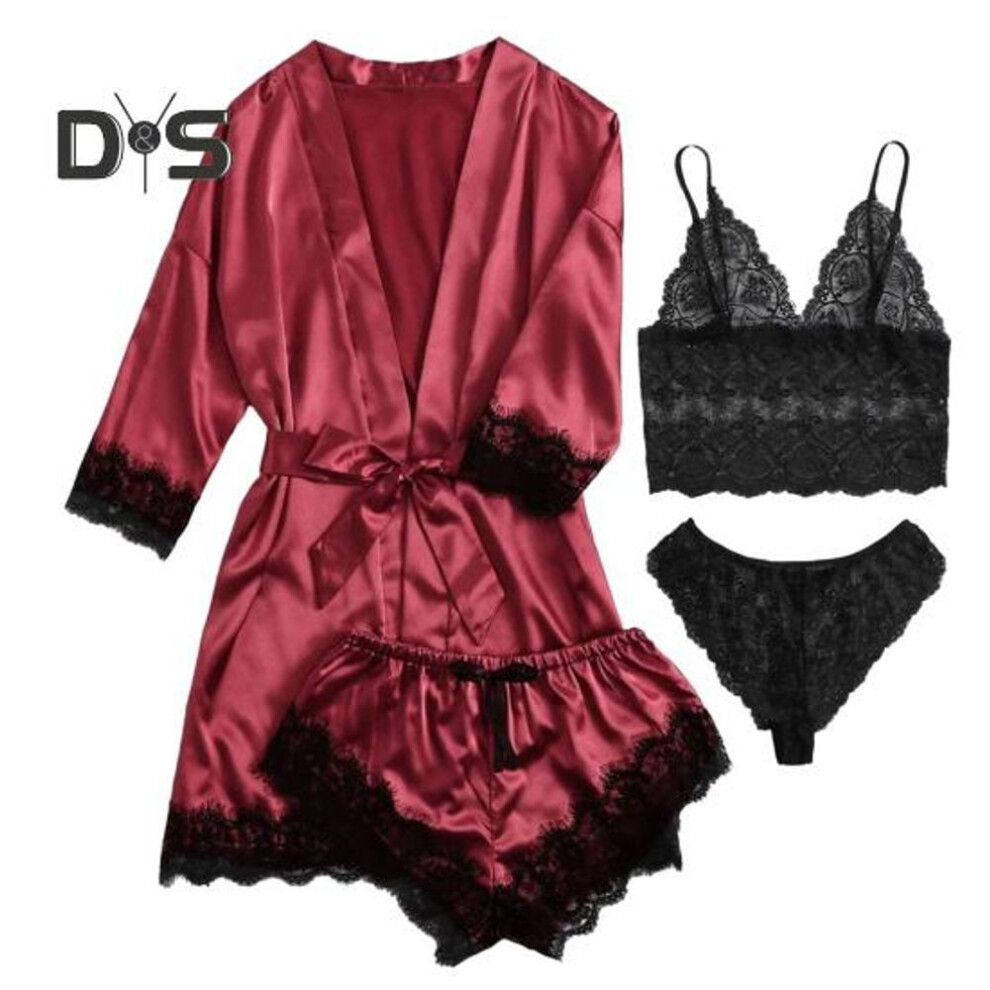 (wine red, 3XL) 4pcs/set Women Nightgown Suit Sexy Lace Strap Bra G String Thong Short Pants Glossy Faux Satin Belted Loose Nightdress Sleepwear Kit