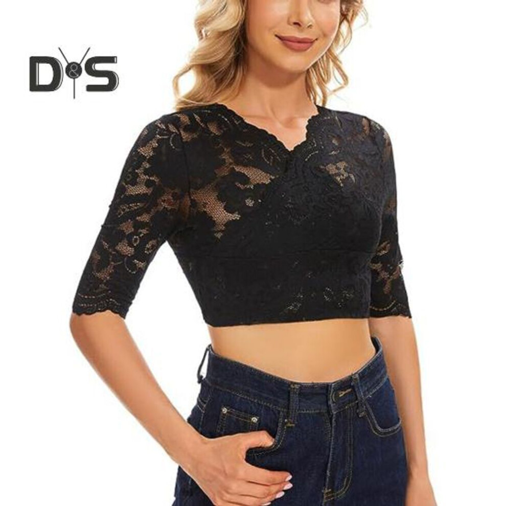 (XL, black) Women Lace Top See Through V Neck Thin Half Sleeve Solid Color Slim Fit Camisole Flower Embroidery Crop Top Wrapped Underwear Bottoming Chest Wrap