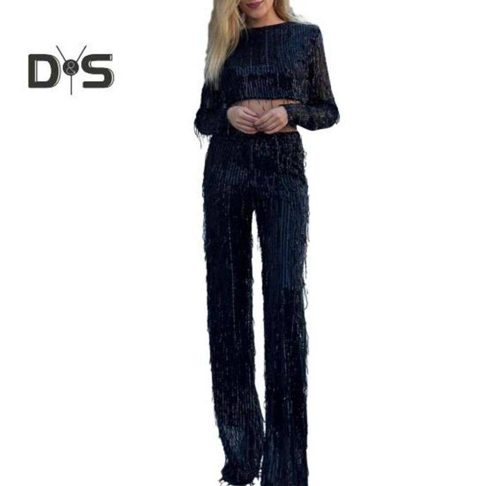 (black, S) 2Pcs/Set Women Tassel Sequin Party Outfit Set O neck Long Sleeve Cropped Tops High Waist Wide Leg Long Pants Set
