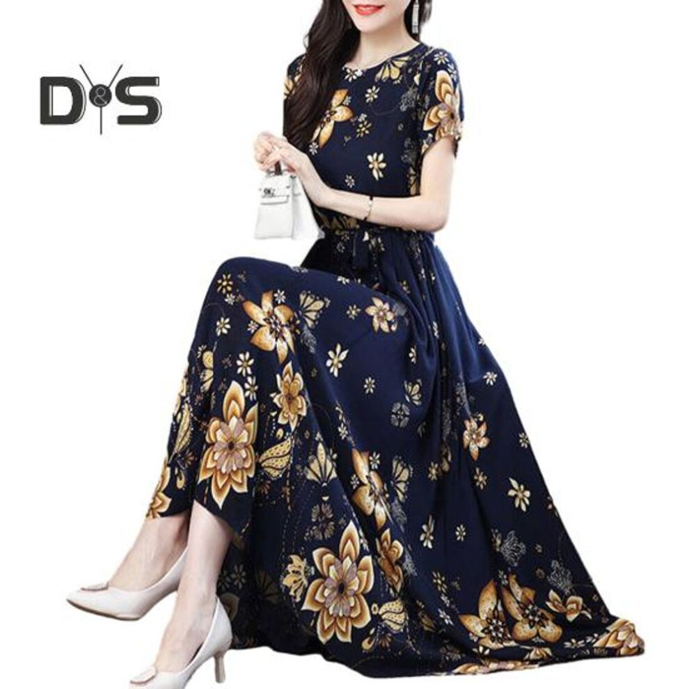 (navy blue, XL) Women O neck Short Sleeve Midi Dress High Waist Belt Floral Print Mid aged Ladies A Line Dress Streetwear