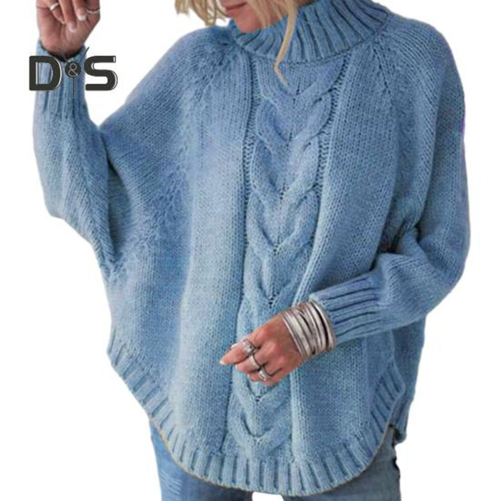 (3XL, blue) Women Autumn Winter Sweater Thick Knit Loose Turtleneck Neck Protection Loose Long Sleeve Dolman Sleeve Pullover Cold Resistant Lady Sweater