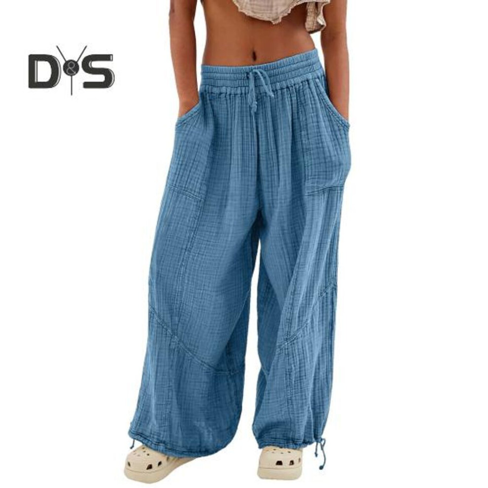 (blue, XL) Women Pants High Elastic Waist Drawstring Wide Leg Loose Deep Crotch Pleated Ankle banded Pockets Solid Color Soft Lady Casual Trousers