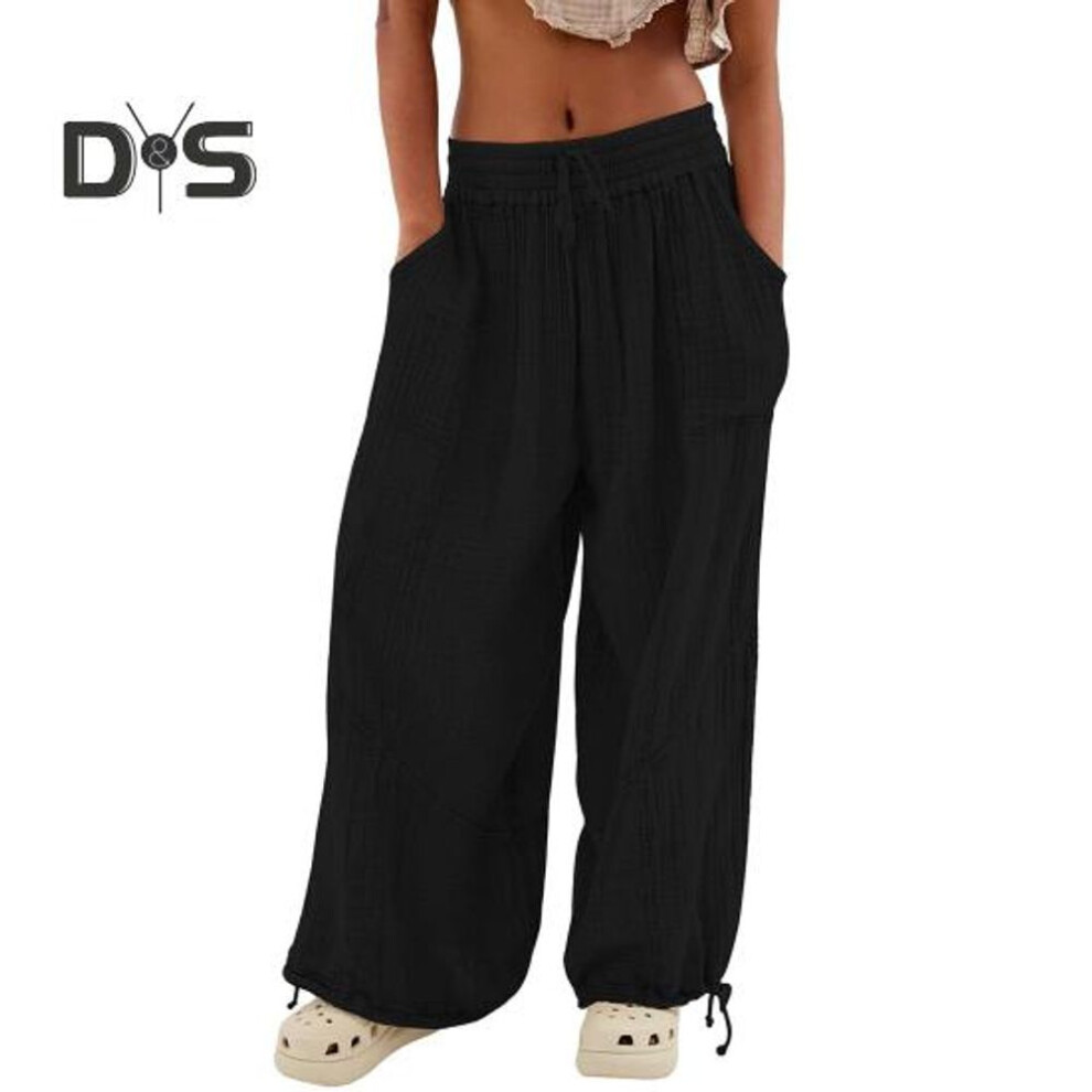 (black, L) Women Pants High Elastic Waist Drawstring Wide Leg Loose Deep Crotch Pleated Ankle banded Pockets Solid Color Soft Lady Casual Trousers
