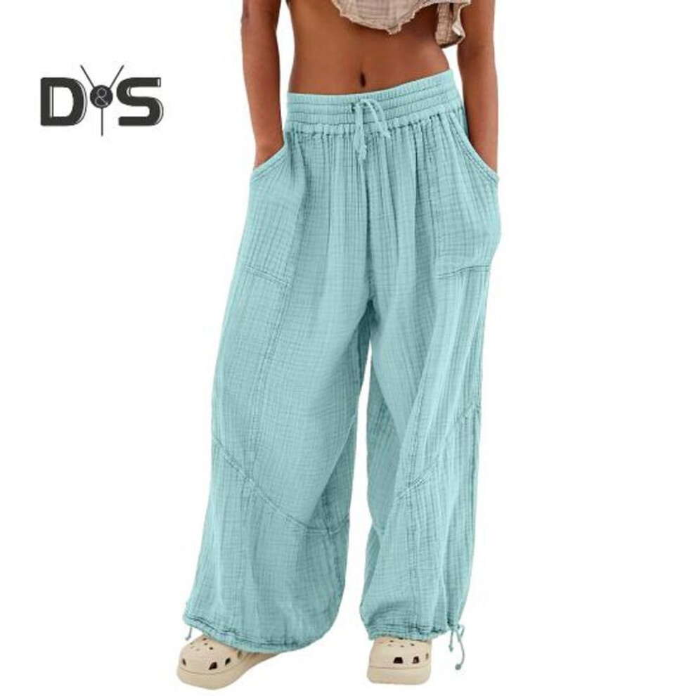(light blue, S) Women Pants High Elastic Waist Drawstring Wide Leg Loose Deep Crotch Pleated Ankle banded Pockets Solid Color Soft Lady Casual Trousers