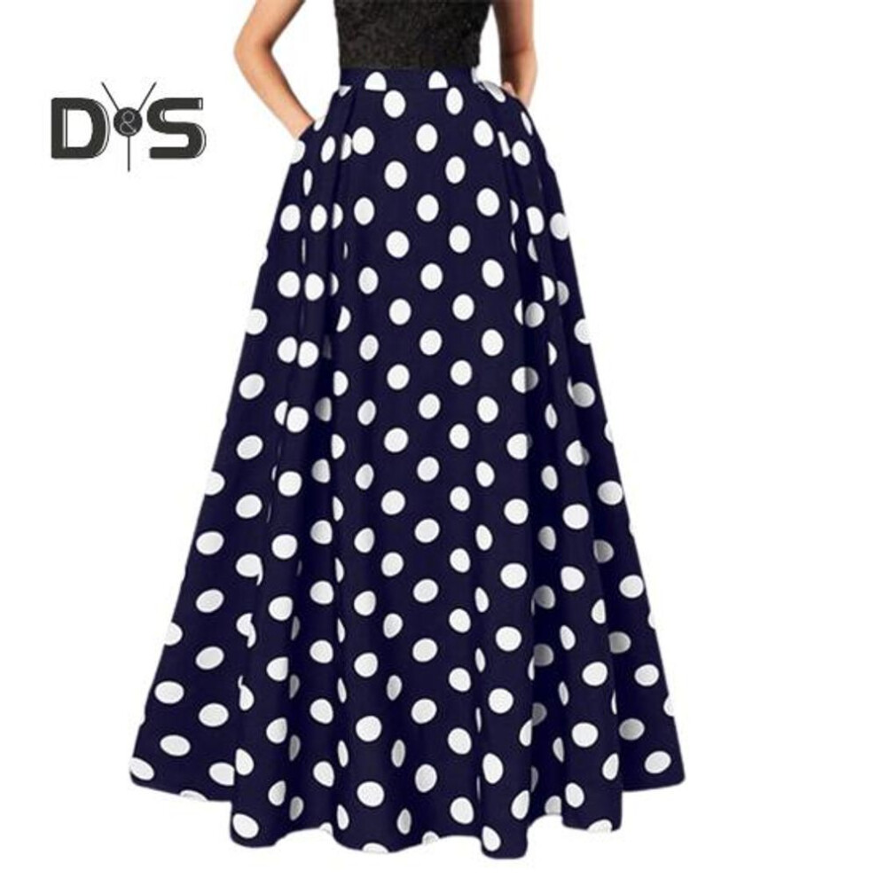 (4XL, dark blue) Women Maxi Skirt High Waist Color Matching Dot Print Retro A line Big Hem Side Pockets Loose Full Length Soft Elastic Waist Lady Prom Party Long Skirt