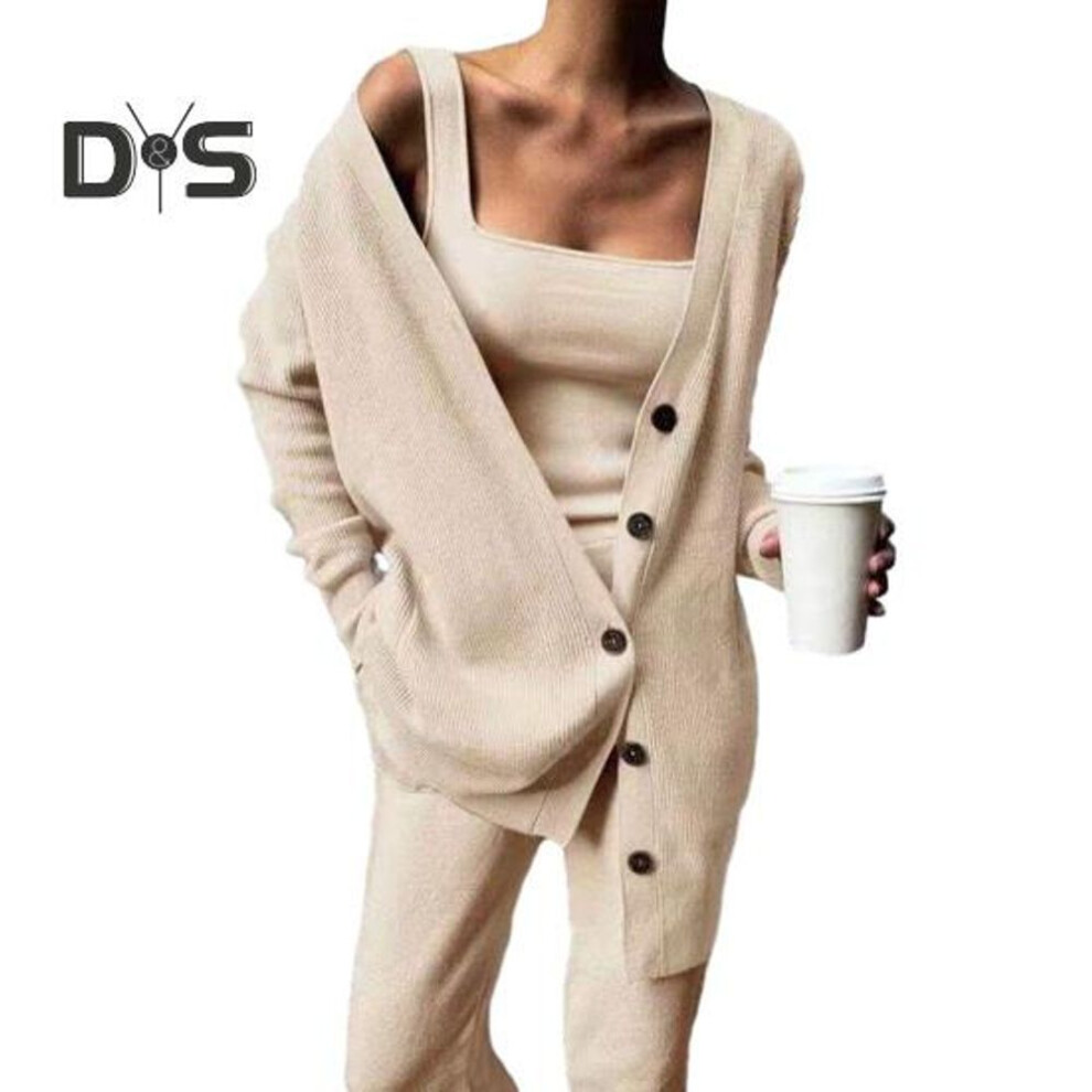 (khaki, 3XL) 1 Set Women Knitted Outfit Tank Top Cardigan Pants Three-piece Set Solid Color Long Sleeves Knitted Suit Spring Autumn Ladies Office Leisure Commuter