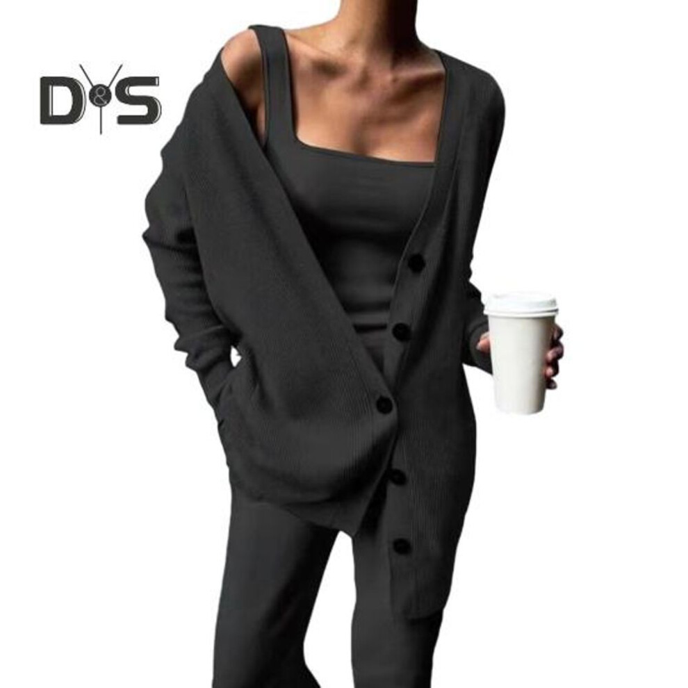 (black, L) 1 Set Women Knitted Outfit Tank Top Cardigan Pants Three-piece Set Solid Color Long Sleeves Knitted Suit Spring Autumn Ladies Office Leisure Commuter