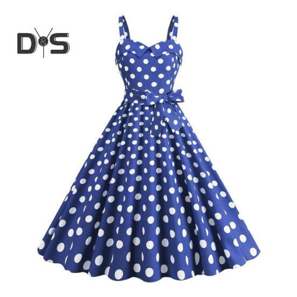 (royal blue, S) Women Vintage Dress 50s Retro A-line Big Swing Sleeveless Dot Print Contrast Color Elastic Bust High Tight Waist Backless Knee Length Evening Dress