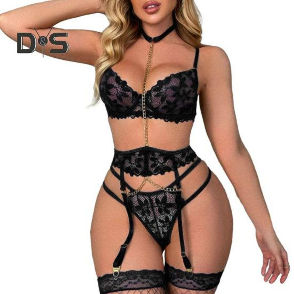 (L, black) 1 Set Sexy Bra Panties Garter Set Hollow Out See-through Lace Multi Strap High Waist Chain Decor Fishnet Elastic Thin Halter Neck Honeymoon Wedding