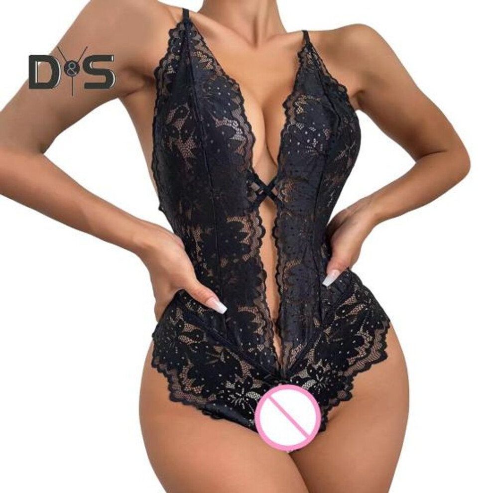 (black, 3XL) Sexy Women Bodysuit See-through Hollow Out Lace Bow Open Crotch Sleeveless Sknny Low-cut Cross Back Adjustable Spaghetti Strap Honeymoon Wedding
