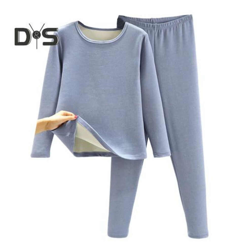 (sky blue, 3XL) 2 Pcs/Set Winter Top Pants Set Thick Plush Round Neck Long Sleeve Elastic Waist Warm Soft Cold proof Homewear Pajamas Set Thermal Underwear Set