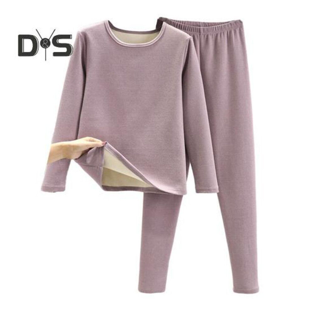 (light purple, L) 2 Pcs/Set Winter Top Pants Set Thick Plush Round Neck Long Sleeve Elastic Waist Warm Soft Cold proof Homewear Pajamas Set Thermal Underwear Set