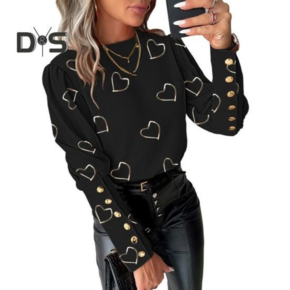 (M, black) Women Spring Shirt Heart Print Round Neck Long Sleeve Loose Button Decor OL Commute Style Soft Breathable Lady Blouse