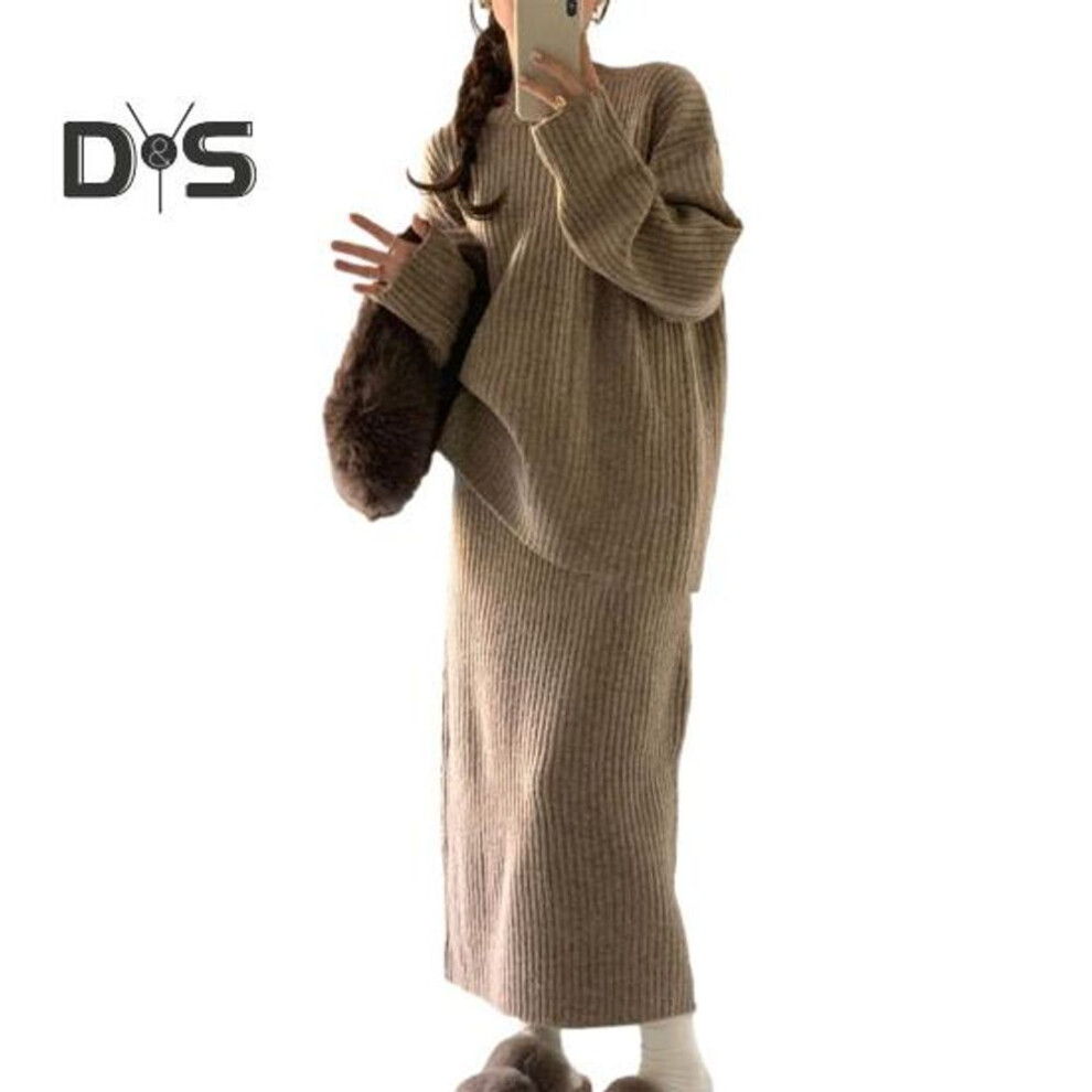 (khaki) 2 Pcs/Set Women Sweater Skirt Suit Knitted Thick Warm Solid Color Loose Elastic Long Sleeve Round Neck Cozy Winter Skirt Sweater Set
