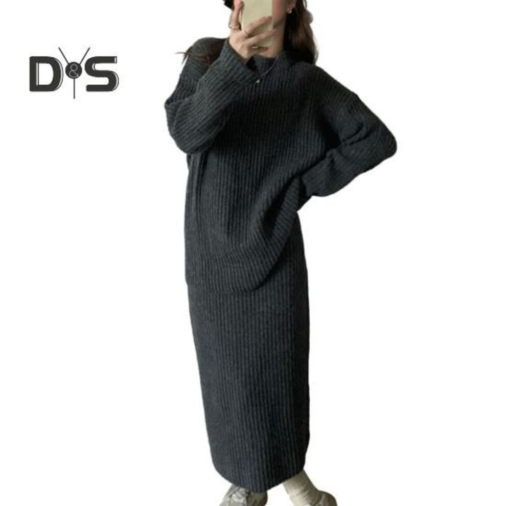 (grey) 2 Pcs/set Women Sweater Skirt Suit Knitted Thick Warm Solid Color Loose Elastic Long Sleeve Round Neck Cozy Winter Skirt Sweater Set