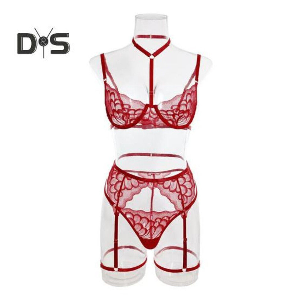 (3XL, wine red) 1 Set Sexy Bra Panties Garter Set Lace Low Cut Push Up Multi Strap High Waist Elastic Thin Halter Neck Honeymoon Wedding Night Lady Underwear Set
