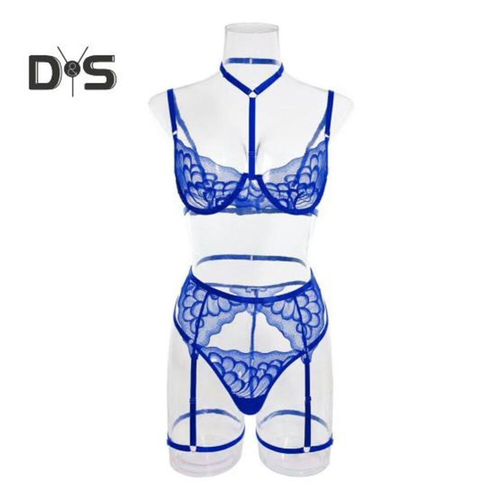(M, blue) 1 Set Sexy Bra Panties Garter Set Lace Low Cut Push Up Multi Strap High Waist Elastic Thin Halter Neck Honeymoon Wedding Night Lady Underwear Set