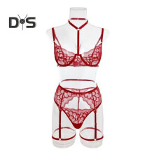(L, wine red) 1 Set Sexy Bra Panties Garter Set Lace Low cut Push Up Multi Strap High Waist Elastic Thin Halter Neck Honeymoon Wedding Night Lady Underwear Set