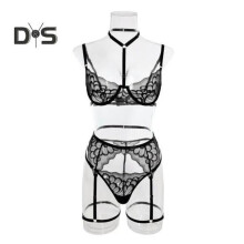 (S, black) 1 Set Sexy Bra Panties Garter Set Lace Low cut Push Up Multi Strap High Waist Elastic Thin Halter Neck Honeymoon Wedding Night Lady Underwear Set