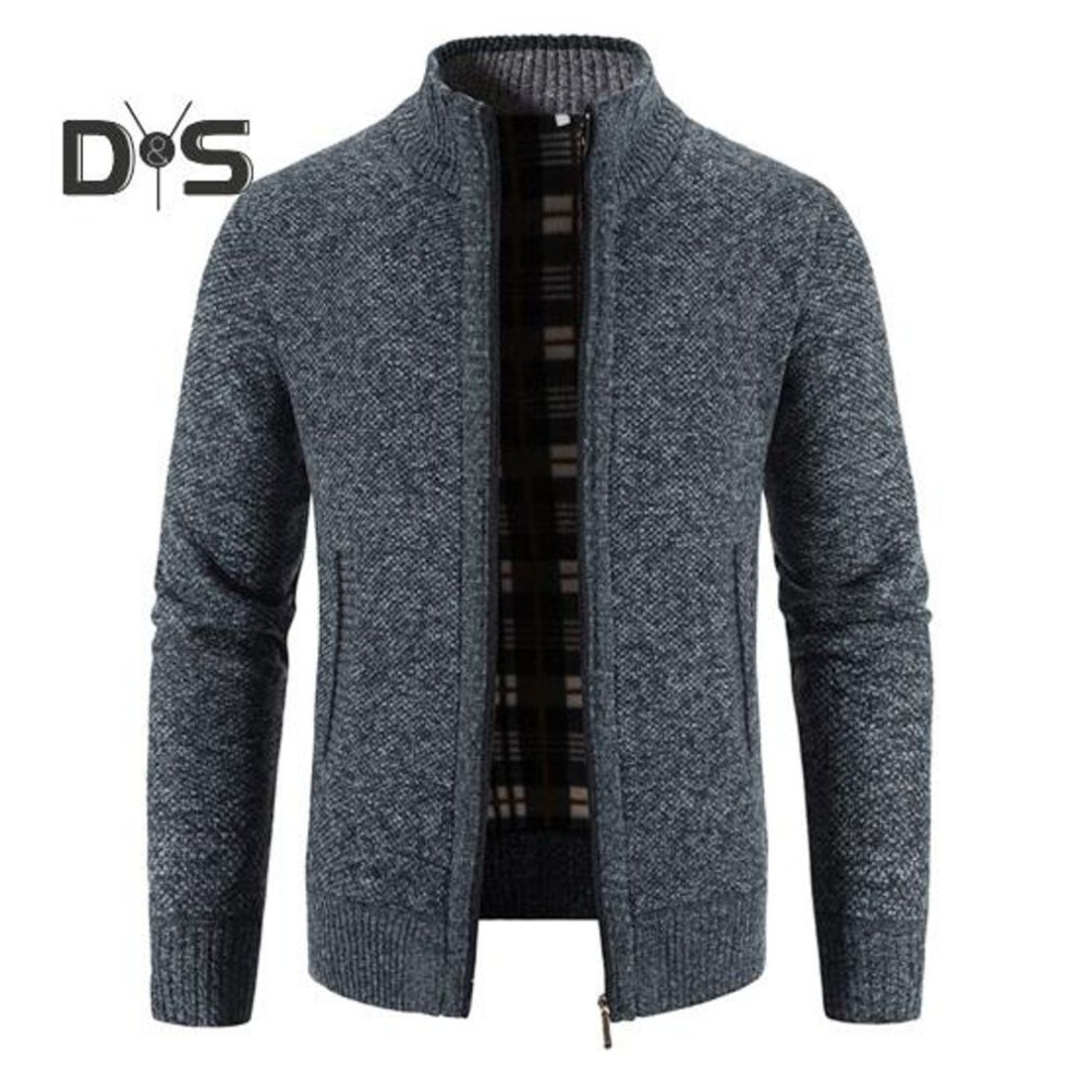 (blue, M) Men Fall Winter Coat Stand Collar Knitted Solid Color Thick Cardigan Elastic Long Sleeves Zipper Closure Soft Men Sweater Jacket