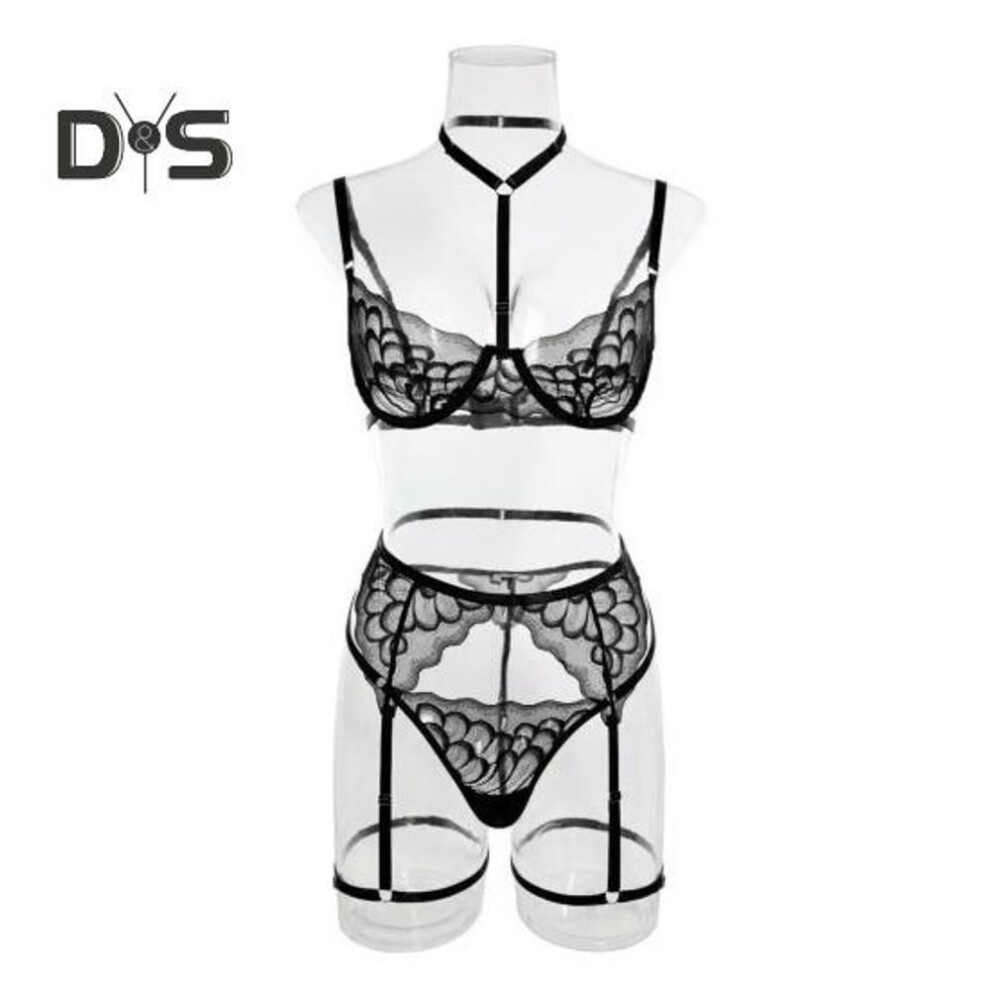 (2XL, black) 1 Set Sexy Bra Panties Garter Set Lace Low Cut Push Up Multi Strap High Waist Elastic Thin Halter Neck Honeymoon Wedding Night Lady Underwear Set
