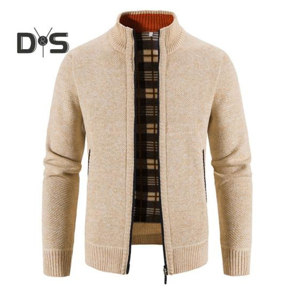 (beige, M) Men Fall Winter Coat Stand Collar Knitted Solid Color Thick Cardigan Elastic Long Sleeves Zipper Closure Soft Men Sweater Jacket
