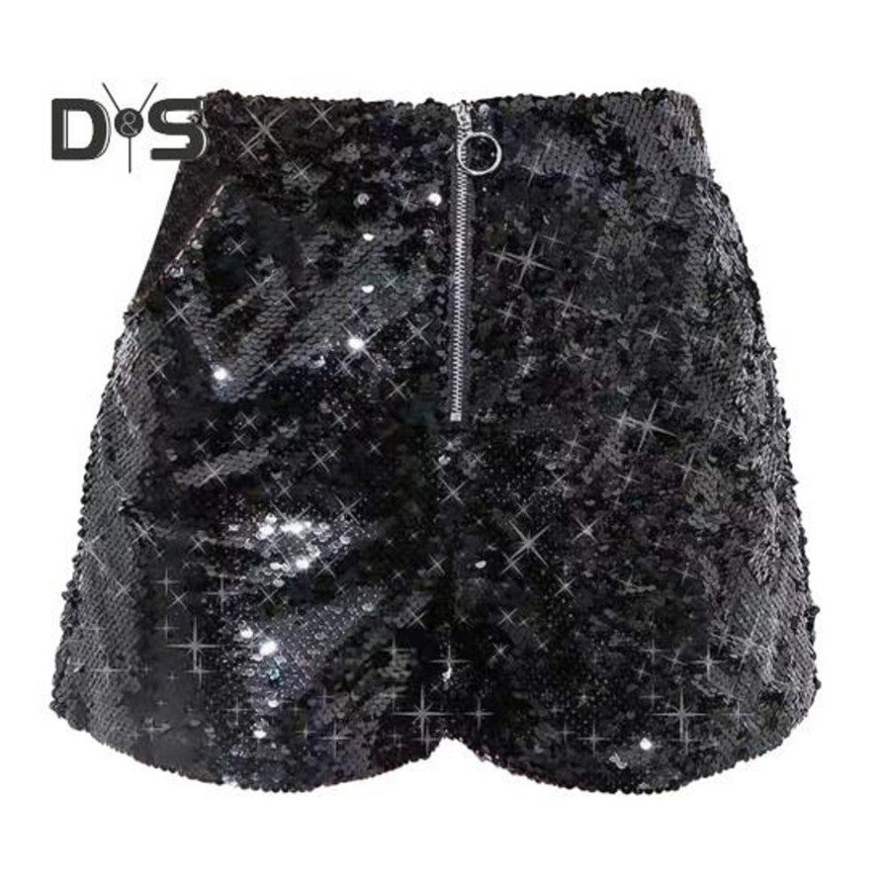 (black, M) Sexy Women Shiny Sequin Shorts High Waist O Ring Zipper Bodycon Shorts Party Club Festival Dance Shorts