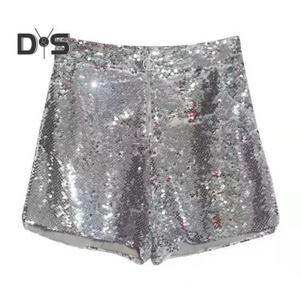 (silver, S) Sexy Women Shiny Sequin Shorts High Waist O Ring Zipper Bodycon Shorts Party Club Festival Dance Shorts