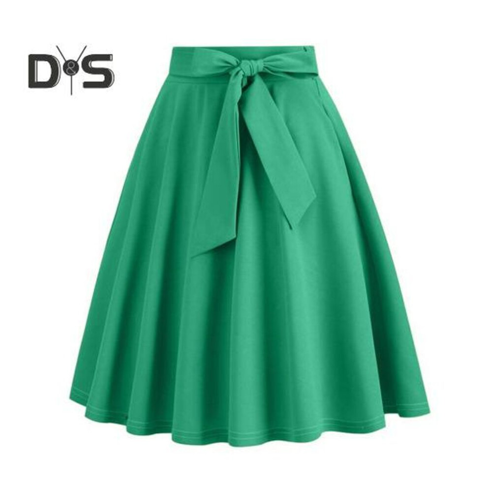 (2XL, green) Women Skirt Belted Tight Waist Bow Decor A line Big Swing Solid Color High Waist Soft Ruffle Summer Dating Party Midi Skirt