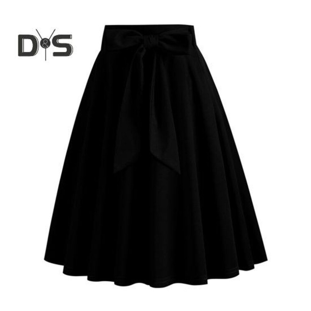 (M, black) Women Skirt Belted Tight Waist Bow Decor A line Big Swing Solid Color High Waist Soft Ruffle Summer Dating Party Midi Skirt