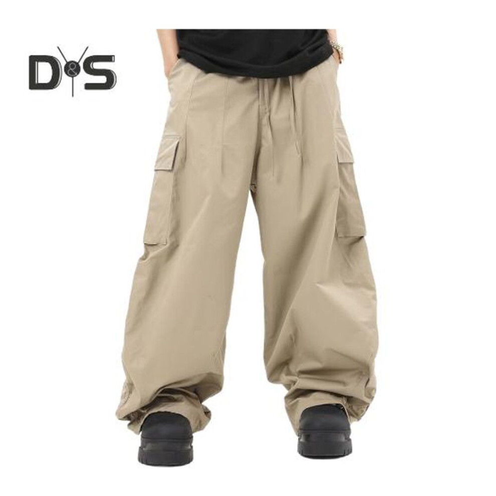 (khaki, XL) Men Cargo Pants Loose Wide Leg Vintage Style Drawstring Elastic Waist Multi Pockets Hip Hop Streetwear Full Length Trousers