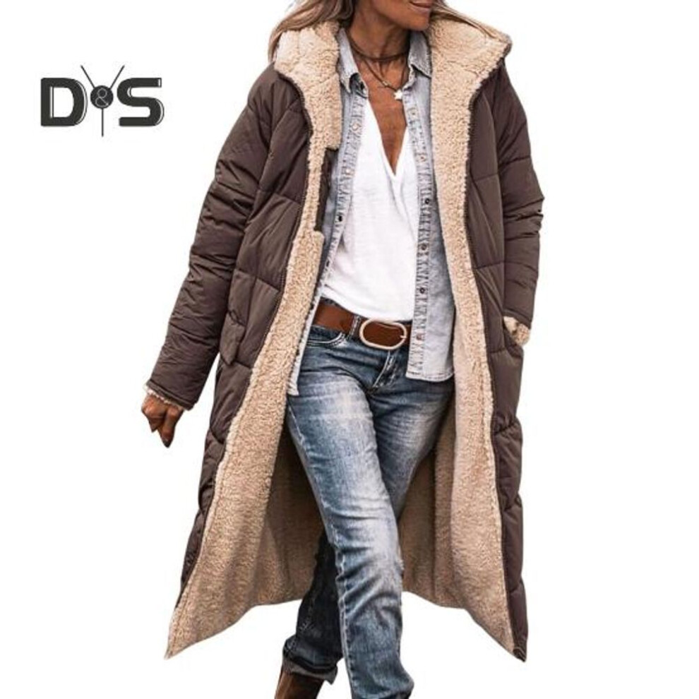 (coffee, XXL) Women Winter Coat With Hood And Side Pockets Double-sided Wearable Jacket Slim Fit Mid Length Zipper Closure Padded Outdoor Daily Outerwear