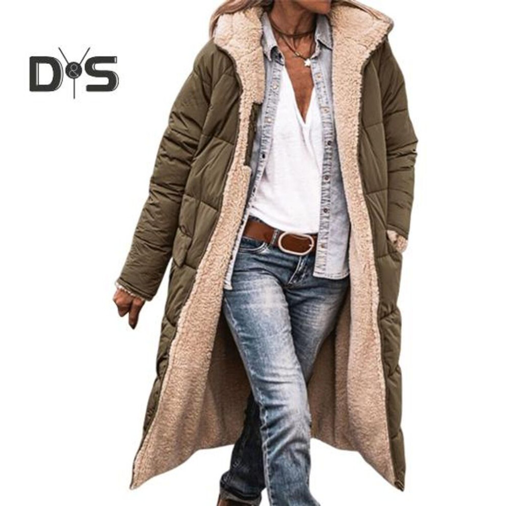 (army green, XL) Women Winter Coat With Hood And Side Pockets Double-sided Wearable Jacket Slim Fit Mid Length Zipper Closure Padded Outdoor Daily Outerwear