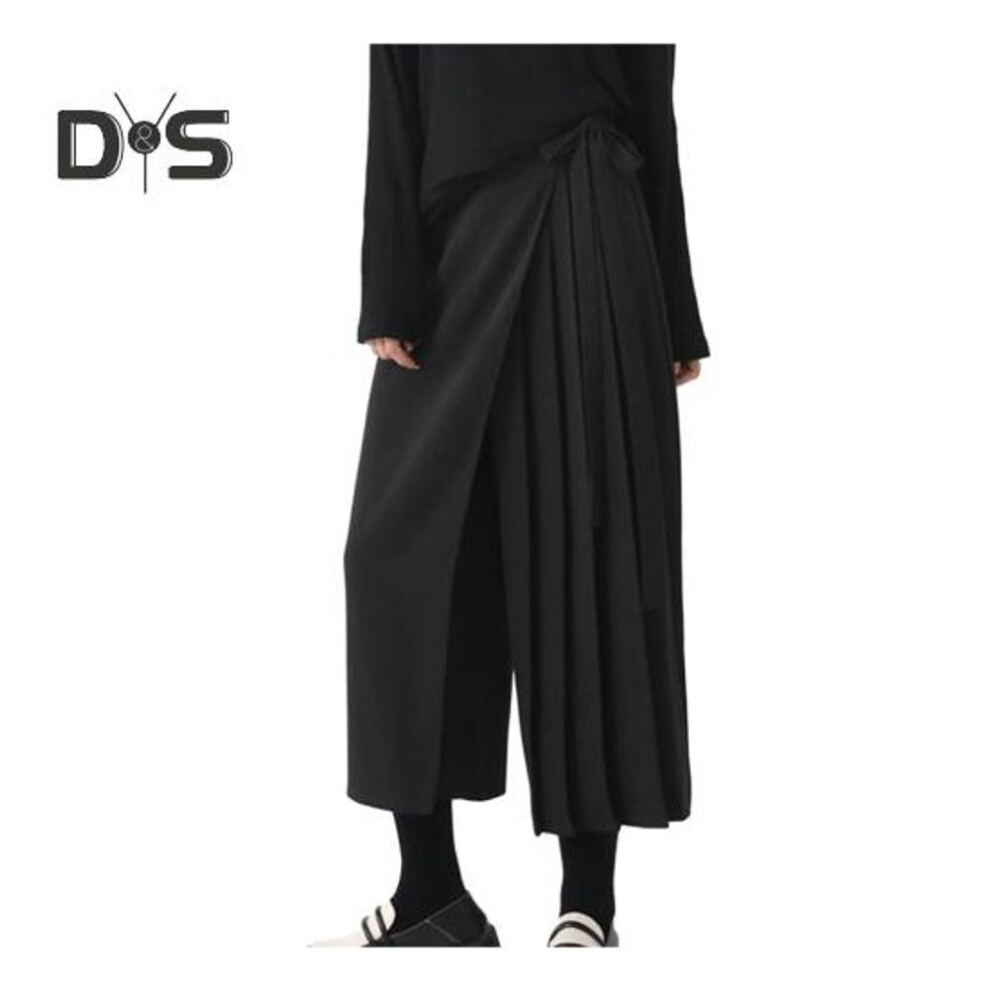 (black, 4XL) Women Pants Dark Style Black Solid Color Pleated Fake Two Piece Irregular High Street Loose Wide Leg Casual Individual Mid Calf Length Culottes