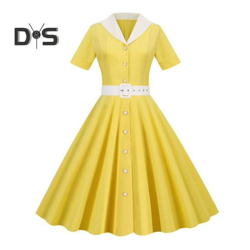 (yellow, 2XL) Women Dress V Neck Lapel Single Breasted With Belt A Line Big Swing Tight High Waist Solid Color Retro Short Sleeve Princess Style Lady Midi Dress