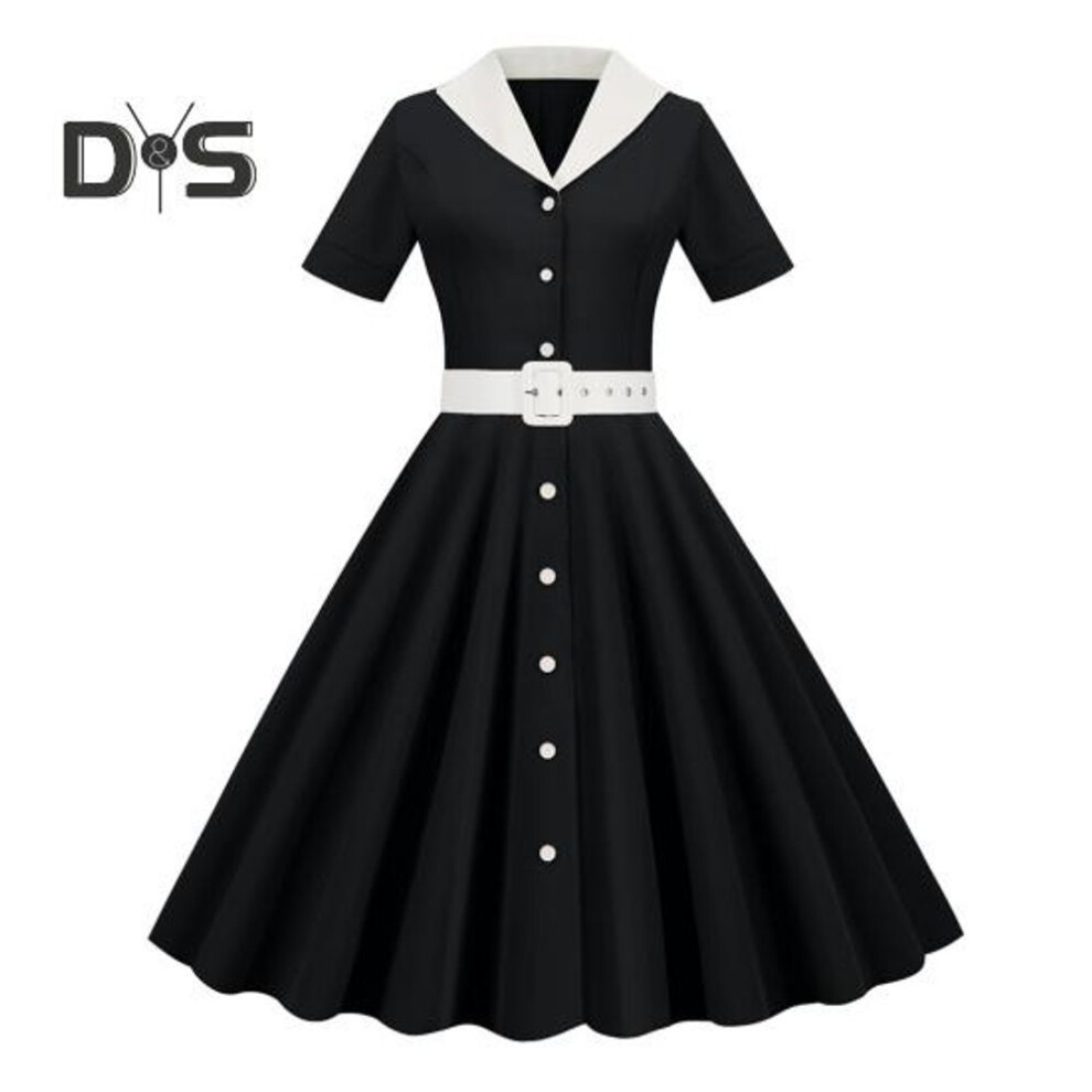 (black, 2XL) Women Dress V Neck Lapel Single Breasted With Belt A Line Big Swing Tight High Waist Solid Color Retro Short Sleeve Princess Style Lady Midi Dress