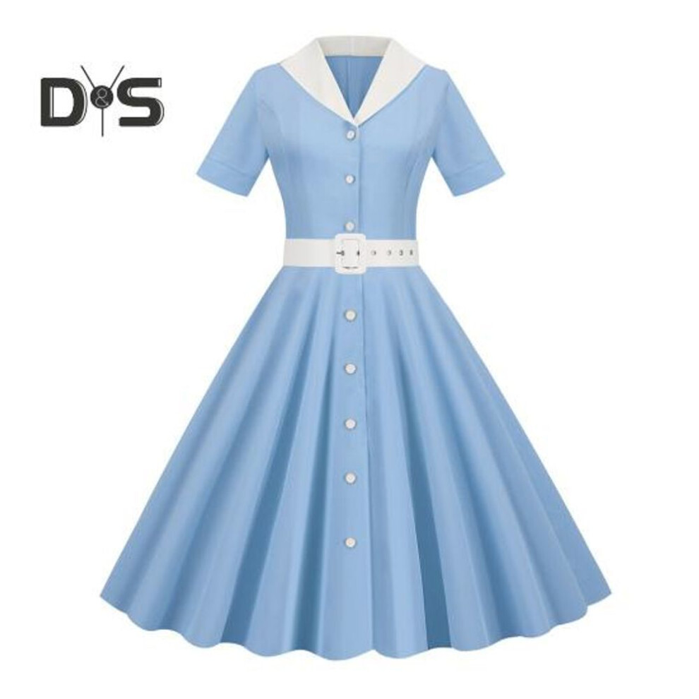 (blue, XL) Women Dress V Neck Lapel Single breasted with Belt A line Big Swing Tight High Waist Solid Color Retro Short Sleeve Princess Style Lady Midi Dress