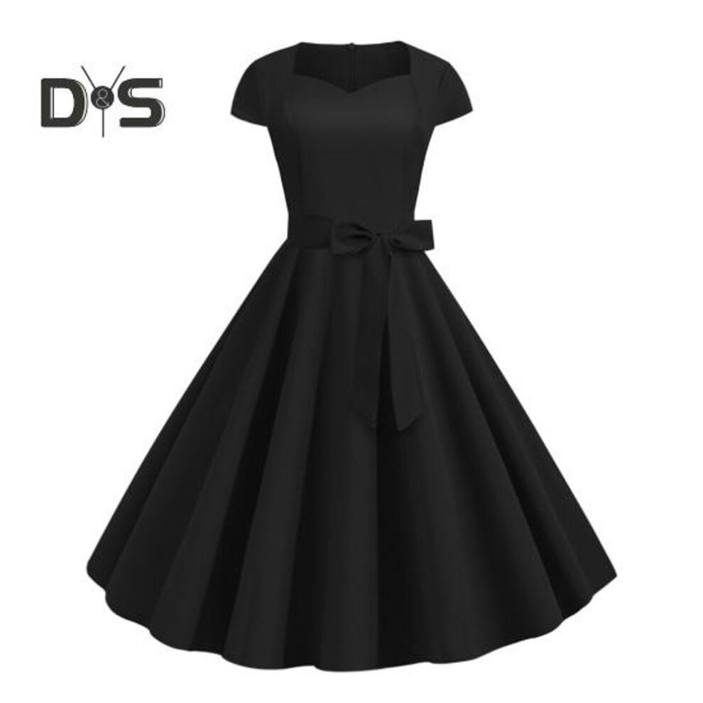 (black, XL) Women Dress V Neck Belted Bow Decor A Line Big Swing Tight High Waist Solid Color Retro Short Sleeve Princess Style Lady Midi Dress