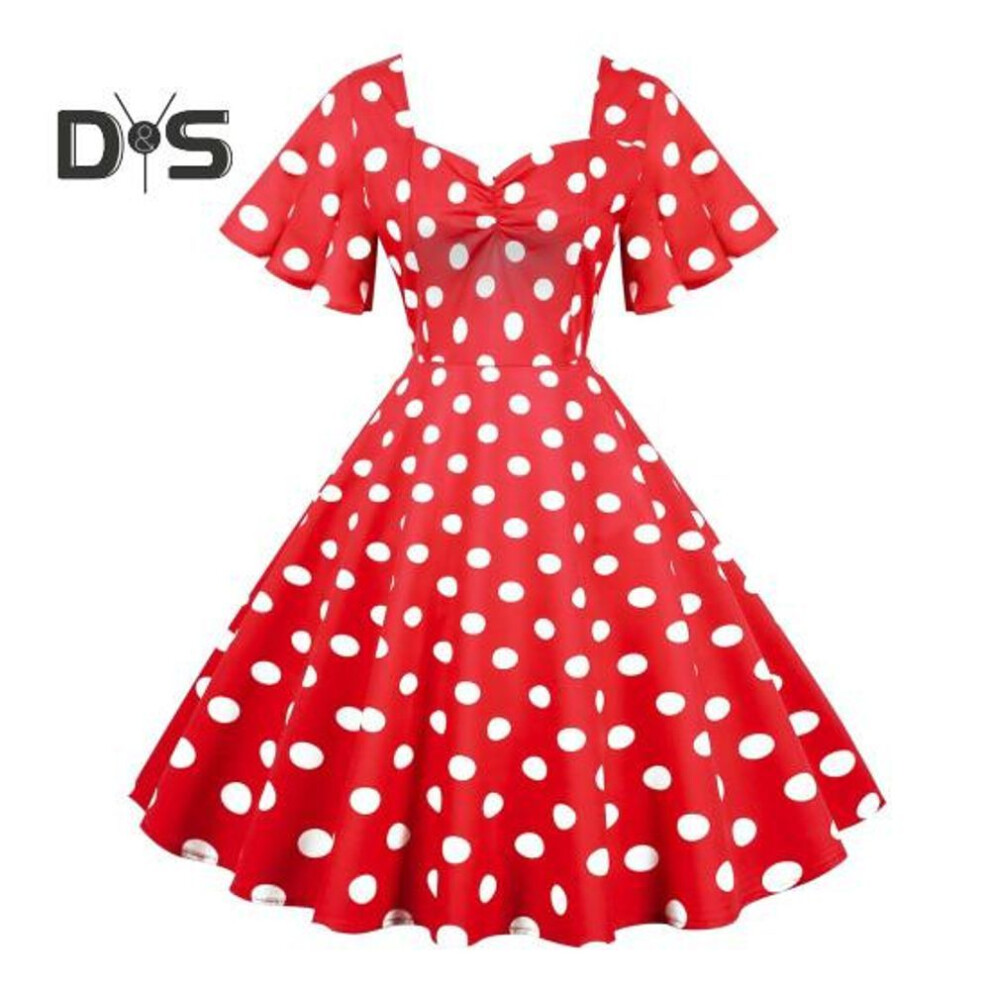 (red, S) Women Evening Dress Retro Color Matching Dot Print A line V Neck Big Swing Short Ruffle Sleeves Tight High Waist Back Zipper Party Prom Midi Dress