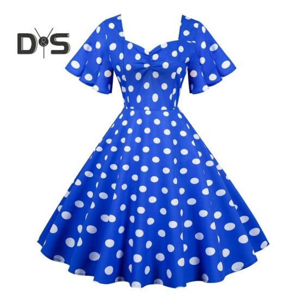 (blue, M) Women Evening Dress Retro Color Matching Dot Print A line V Neck Big Swing Short Ruffle Sleeves Tight High Waist Back Zipper Party Prom Midi Dress