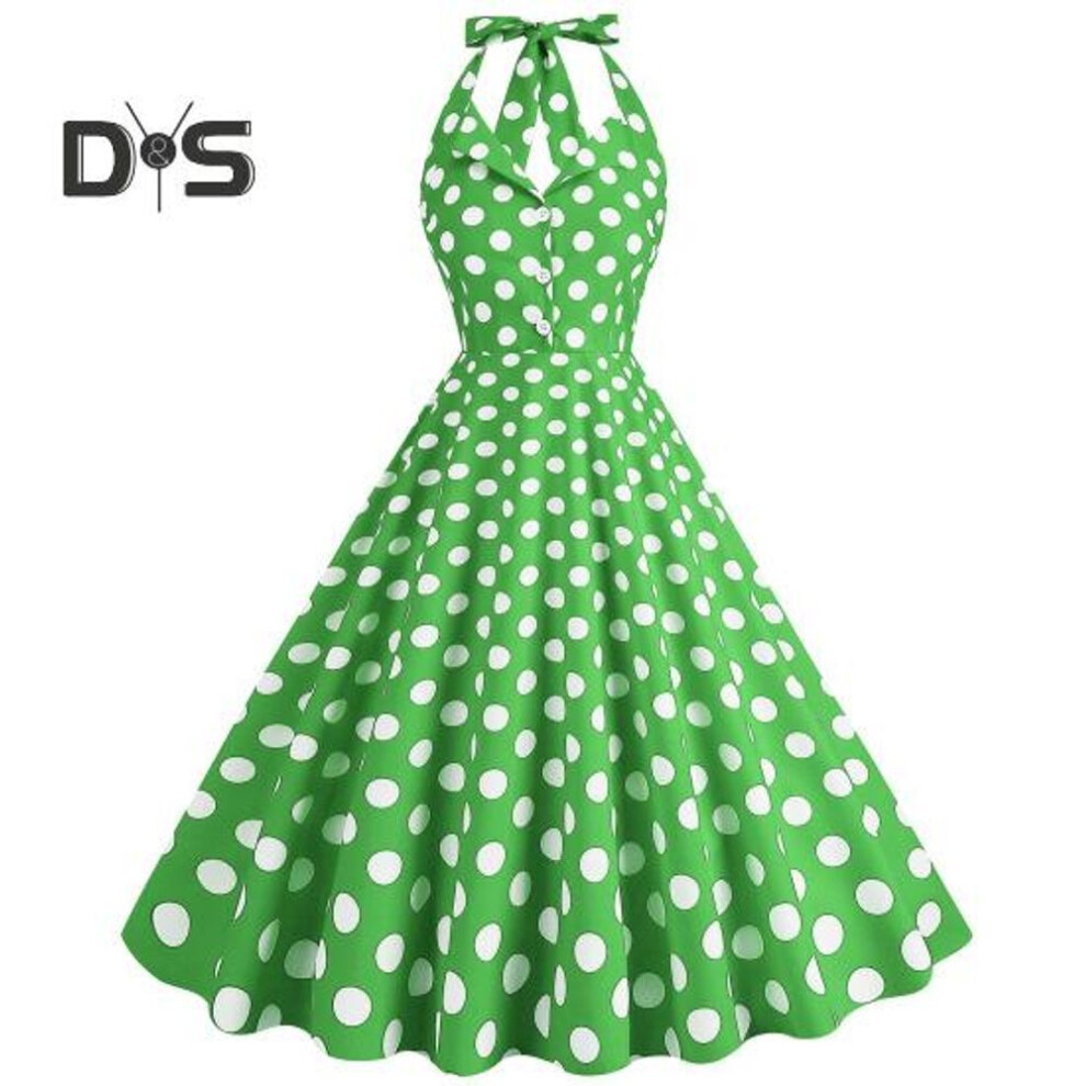 (green, S) Women Evening Dress Retro Color Matching Dot Print A line Big Swing Lace Up Backless Halter Neck V Neck Tight High Waist Button Party Prom Midi Dress