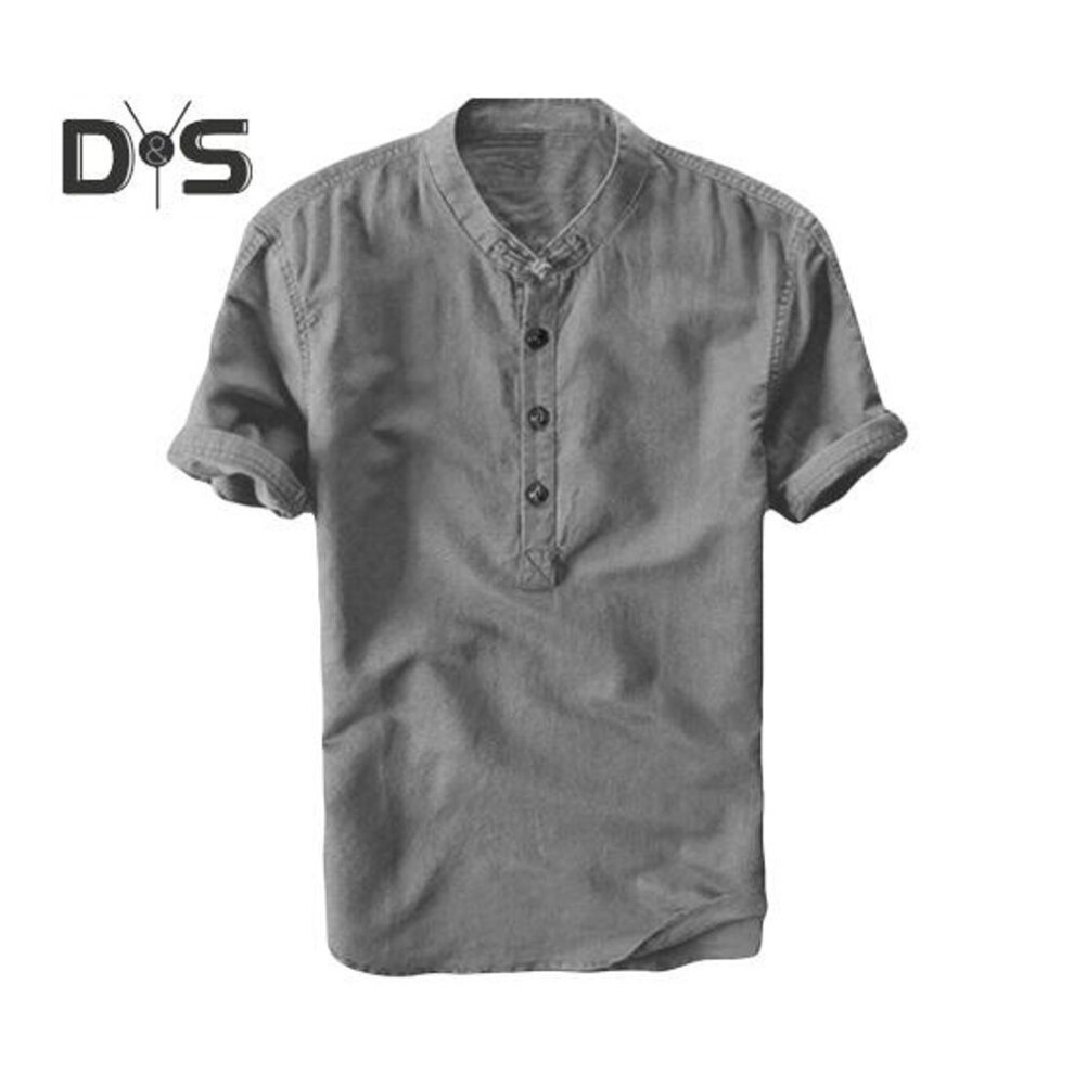 (3XL, grey) Men Summer Shirt Stand Collar Pullover Short Sleeves Mid Length Solid Color Casual Business Style Vacation Beach Top