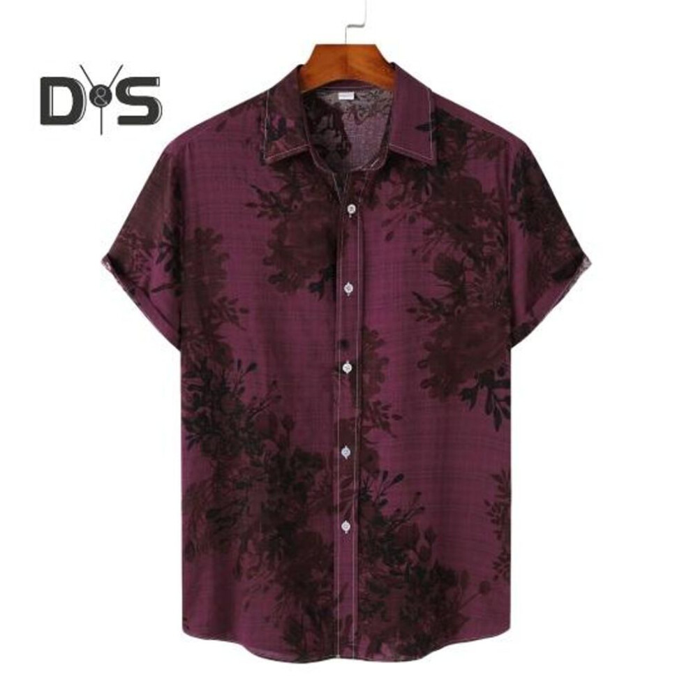 (XL, wine red) Summer Men Shirt Vintage Floral Print Turn-down Collar Single-breasted Short Sleeves Loose Cardigan Buttons Mid Length Top