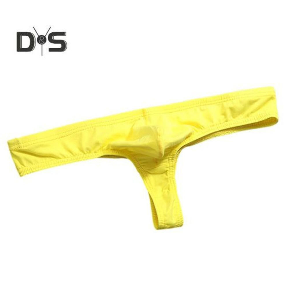 (L, yellow) Men Sexy Thong Solid Color T-String Three-Point U Convex Bag Briefs Low-rise Elastic Breathable Panties