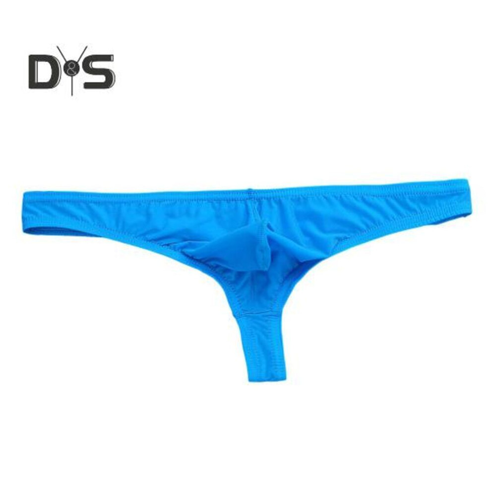 (M, blue) Men Sexy Thong Low-rise U-Convex Solid Color Briefs Elastic Waistband Slim Fit Solid Color Ice Silk Underwear Daily Wear