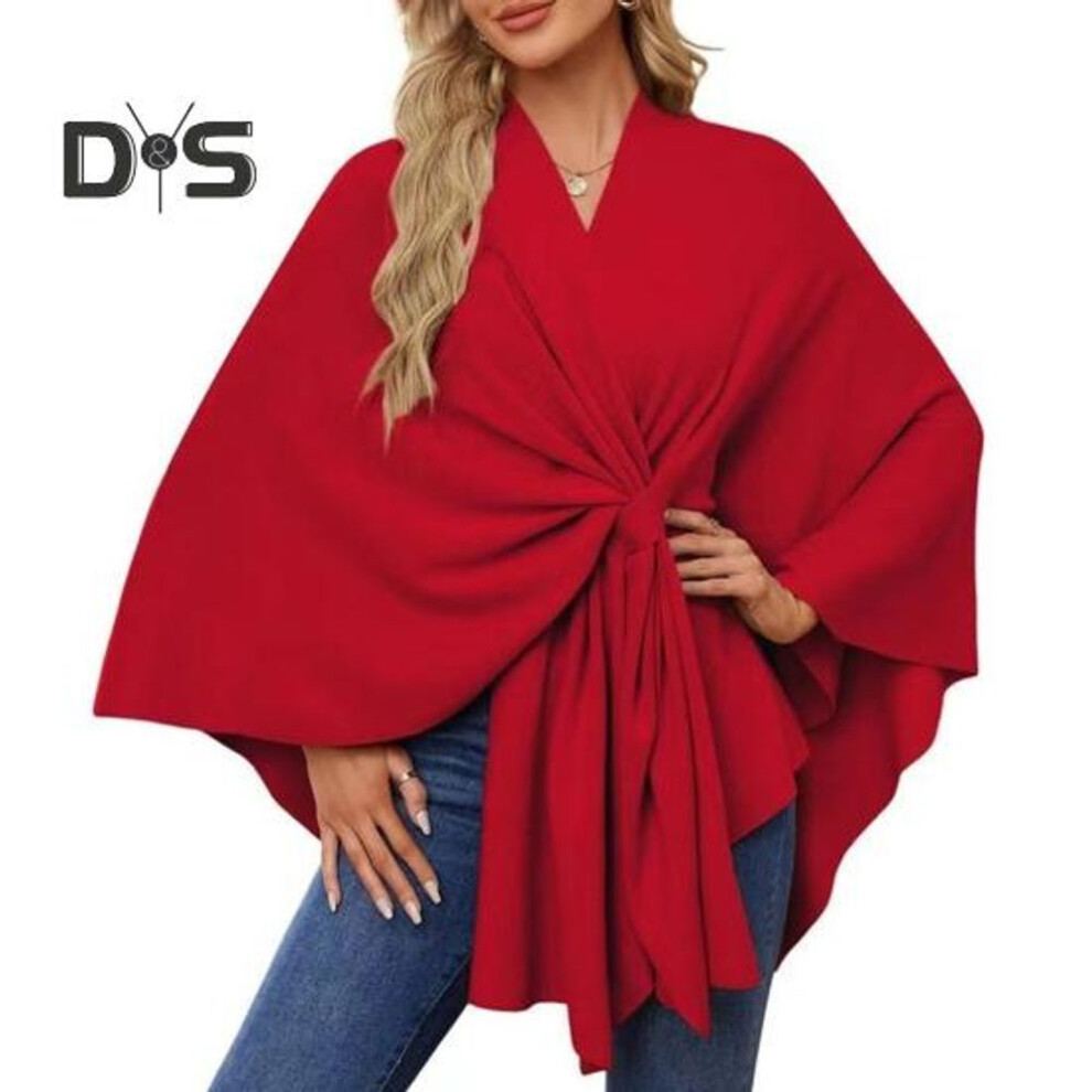 (red) Women Shawl Coat V Neck Fall Winter Oversized Poncho Keep Warm Pure Color Windproof Open Front Shoulder Wraps With Bat Sleeves