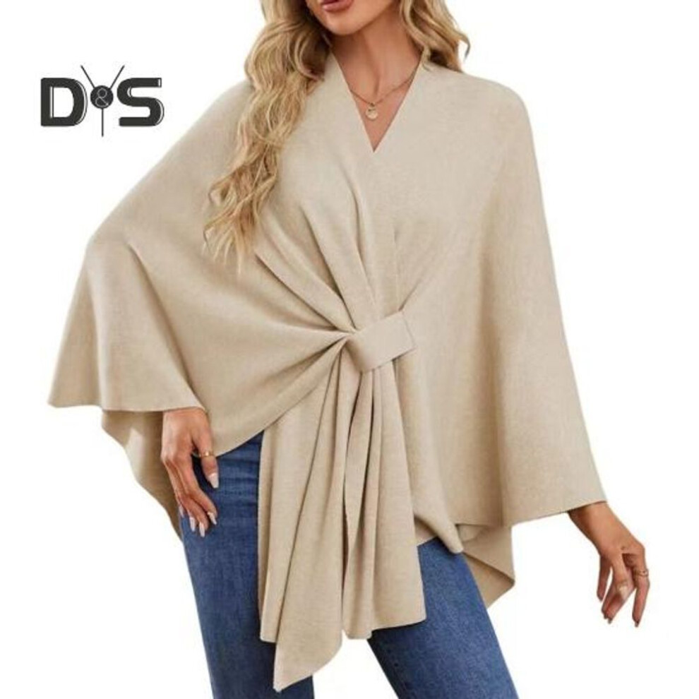 (apricot) Women Shawl Coat V Neck Fall Winter Oversized Poncho Keep Warm Pure Color Windproof Open Front Shoulder Wraps with Bat Sleeves
