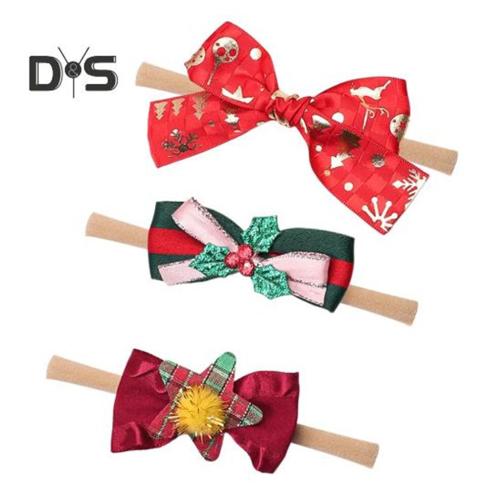 (as the picture, A) 3pcs Baby Girl Headbands Bowknot Decor Letter Print Headgear Newborn Handmade Stretchy Hair Accessories
