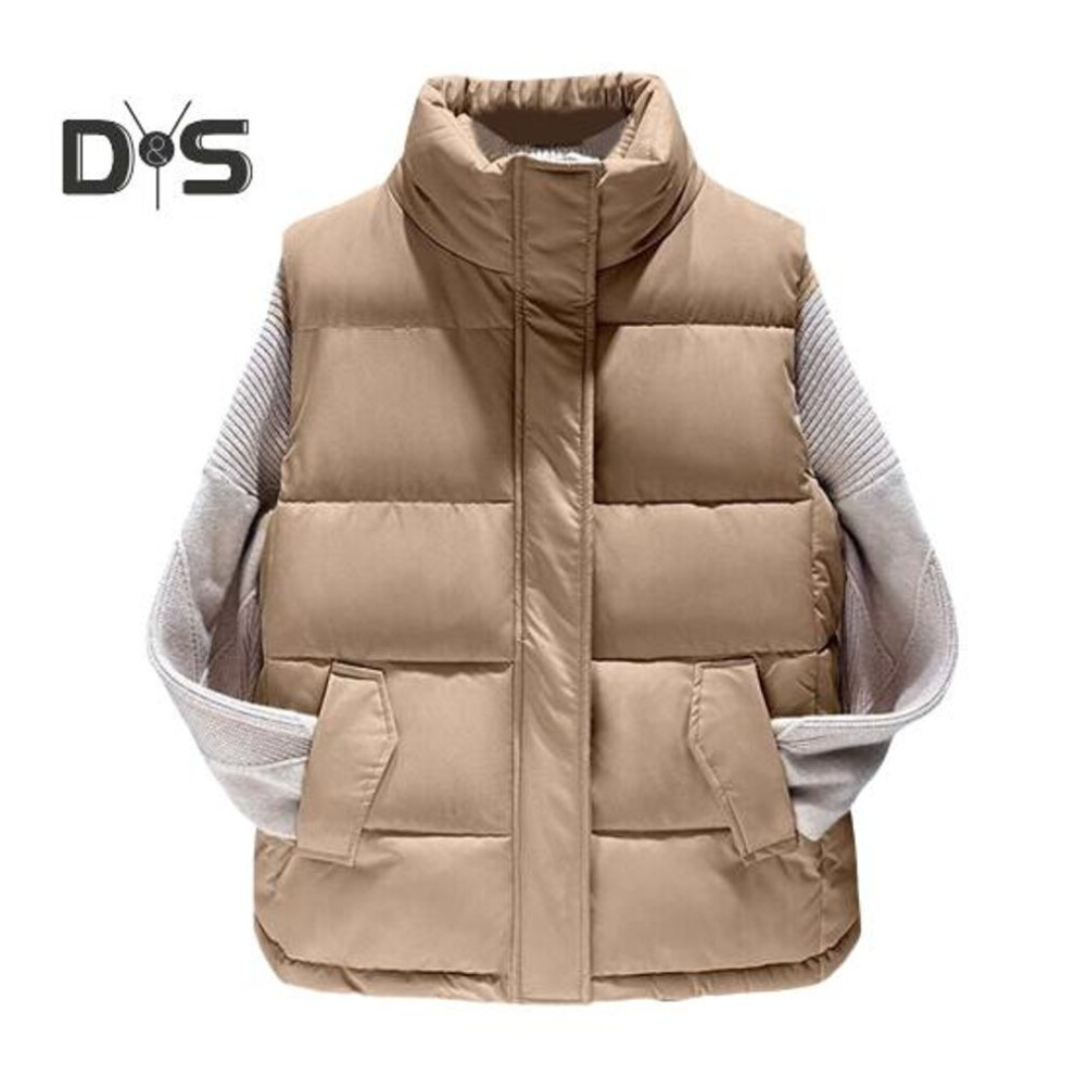 (khaki, M) Women Winter Coat with Pockets Zip-up Closure Padded Stand Collar Sleeveless Solid Color Outdoor Leisure Sports Down Waistcoat